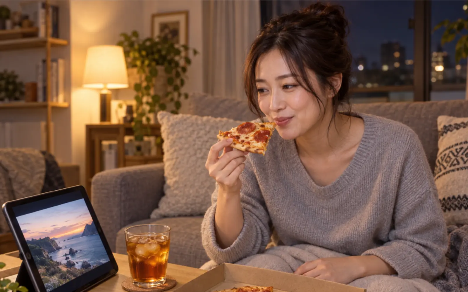 焼き上がったピザを取り分ける様子